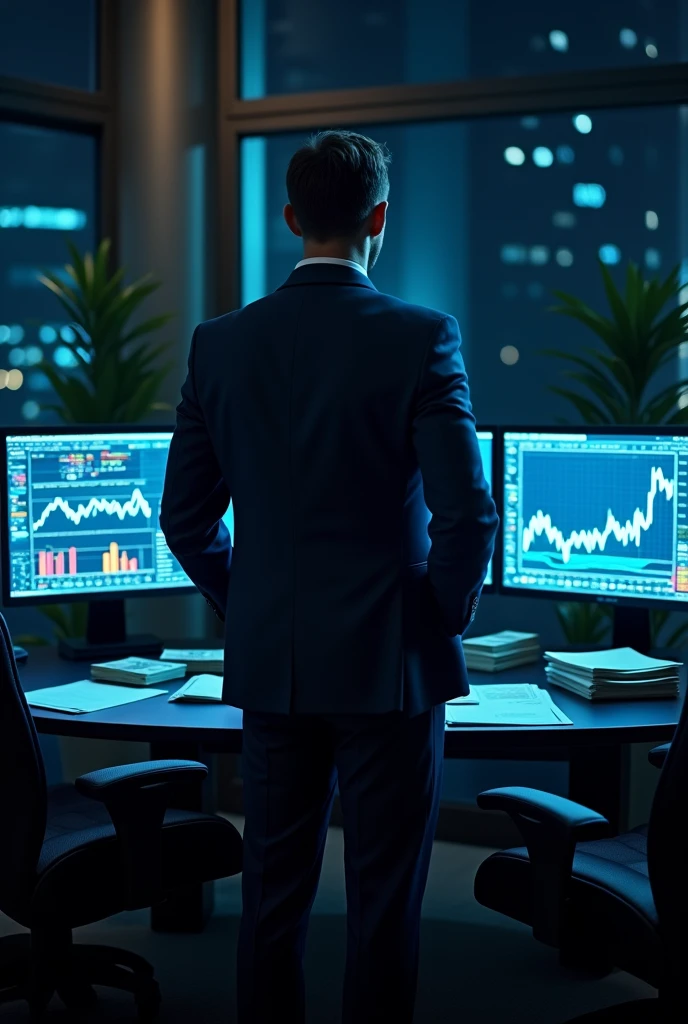 Make an image of a businessman facing 3 computers with graphs and money on the table with his back to my view 