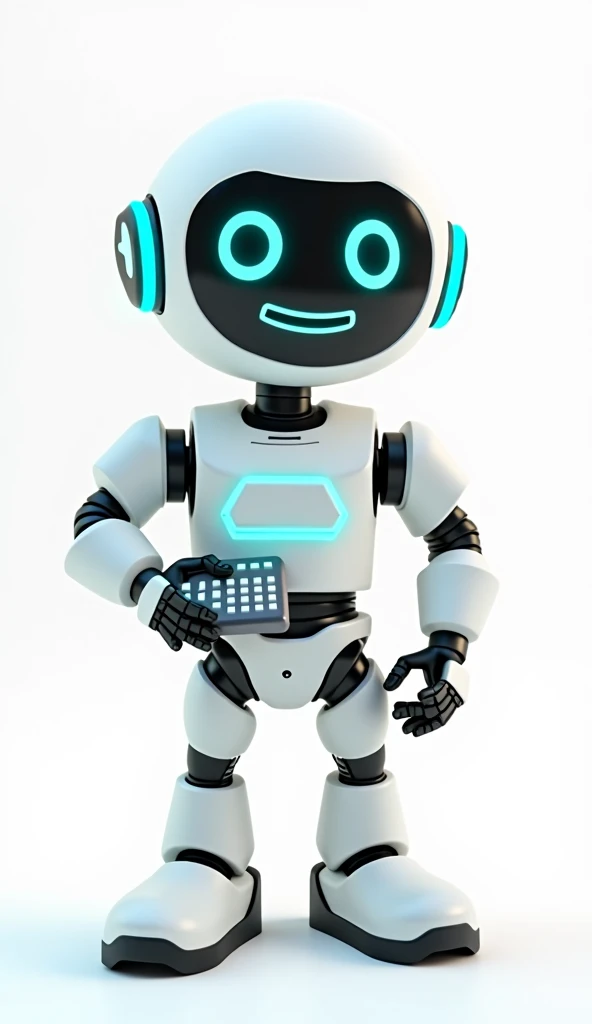 white and turqoise blue smiling friendly nerdy robot 3d character, one hand holding a keyboard, the other hand on the waist, standing in front of a white background