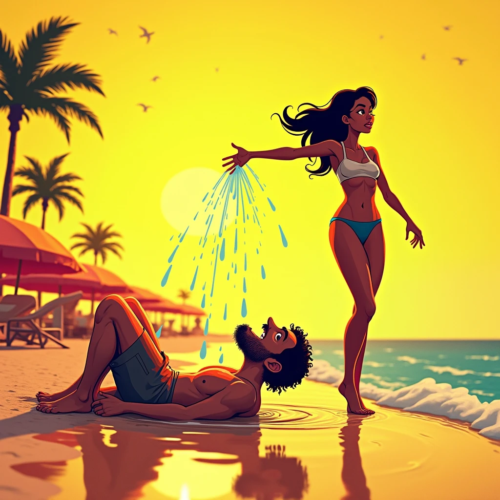 Black shadow of a woman throwing water at a cartoon style man, the man is on the ground on a beach in Vice City GTA, Yellow sky
