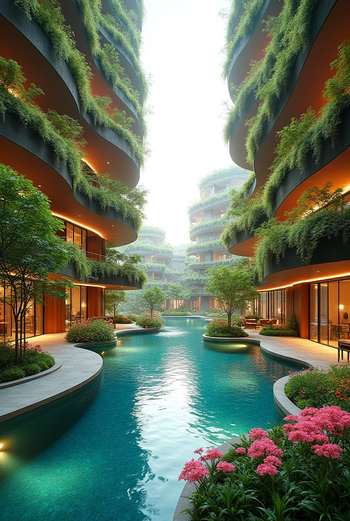 "Living Horizon" It is a housing complex that redefines the concept of luxury and urban well-being through an architecture that celebrates nature., Innovation and community. This project focuses on offering a unique living experience, where the integration of lush gardens and original amenities turns the space into an urban refuge that connects its residents with a green and sophisticated environment.
Main Strategies:
1.Hanging Garden and Infinity Pool:
The heart of the "Living Horizon" It is an impressive garden suspended on the terrace of the building, a green oasis that unfolds on multiple levels, creating a landscape of native vegetation, flowers and small trees. This garden is intertwined with an infinity pool that seems to merge with the horizon, offering panoramic views of the city. Rest and reading areas are discreetly integrated among the foliage, providing a space for relaxation and meditation amidst the urban hustle and bustle.
2. Immersive Amenities:
Instead of offering the typical amenities, "Living Horizon" introduces original spaces that enrich the daily lives of residents. A Cinema Under the Stars is integrated into the suspended garden, where residents can enjoy outdoor screenings surrounded by nature. Also included is a Floating Creative Workshop, a co-working and creative workshop space built on a floating platform in the pool, where you can organize everything from painting classes to sunrise yoga sessions.
3.Multisensory Meeting Square:
The entrance to the housing complex opens onto a **Multisensory Plaza**, a vibrant space designed to stimulate all the senses. This square combines interactive sculptures, Illuminated water fountains and ambient music that changes depending on the time of day and season of the year. Here, Residents can gather, celebrate events or simply enjoy the changing beauty