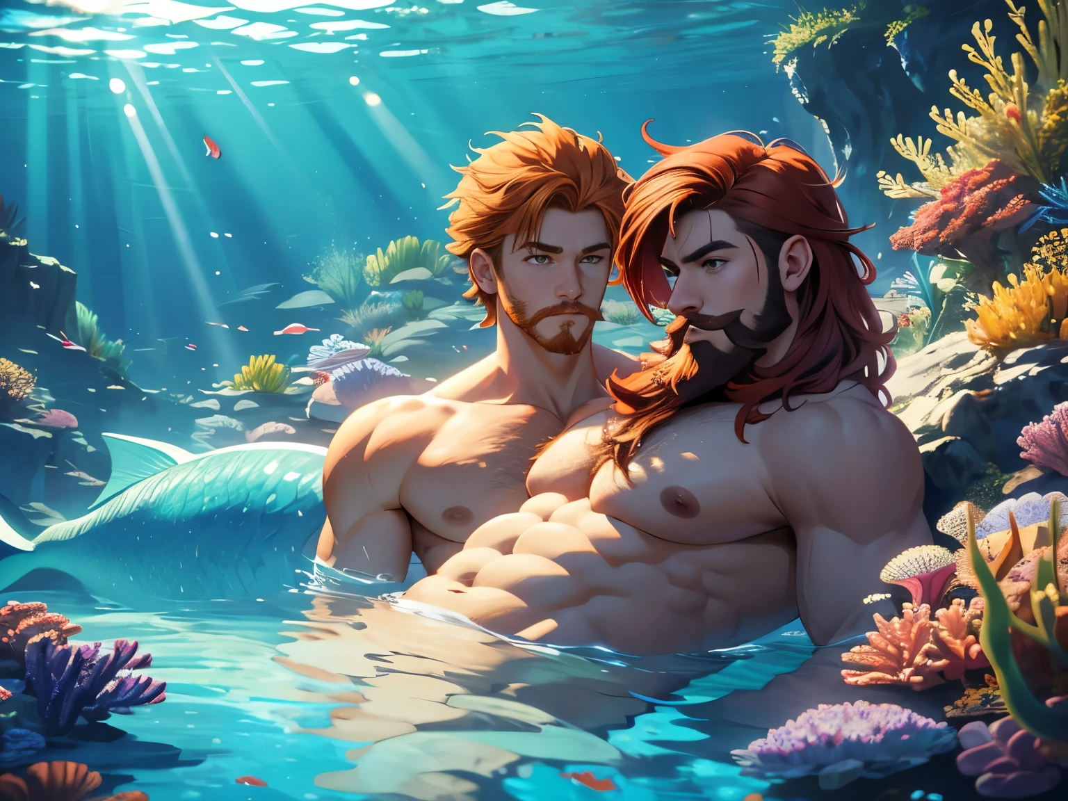 2 man,twink and hunk man,two handsome men,purple hair and orange hair, 25 and 40 years old,shirtless, hairy, ((color beard and mustache)),(mermaid,colorful mermaid tail,multicolor,),detailed, masculine,on the seabed, beautiful corals, (best quality, detailed facial features,4k, 8k, high resolution, masterpiece: 1.4), rays of light, water reflection, (hairyalpha:1)