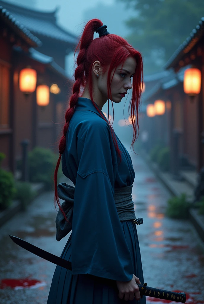 Anime, kimono, Japanese woman, blue eyes, red hair, long hair, ponytail, gray hakama, blue clothes, Japanese sword on left hip, large breasts, blue ribbon hair clip, night, Kyoto city, body covered in a waterfall of blood, face facing down, biting lower lip, lack of sparkle in eyes, standing, anime