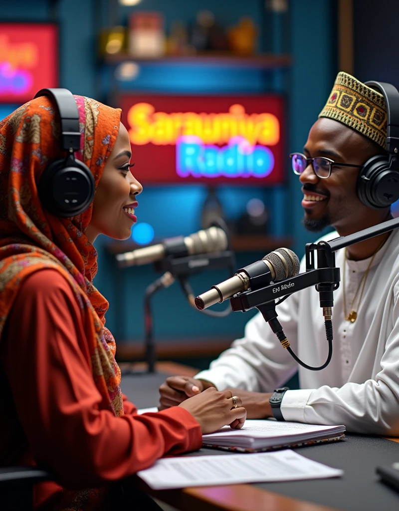 A female journalist Suwaiba Adamu Isah with hijab interviewing a young Hausa man Al-Asad Al-Amin in a radio station studio with Sarauniya Radio logo in the studio size of the image should be landscape