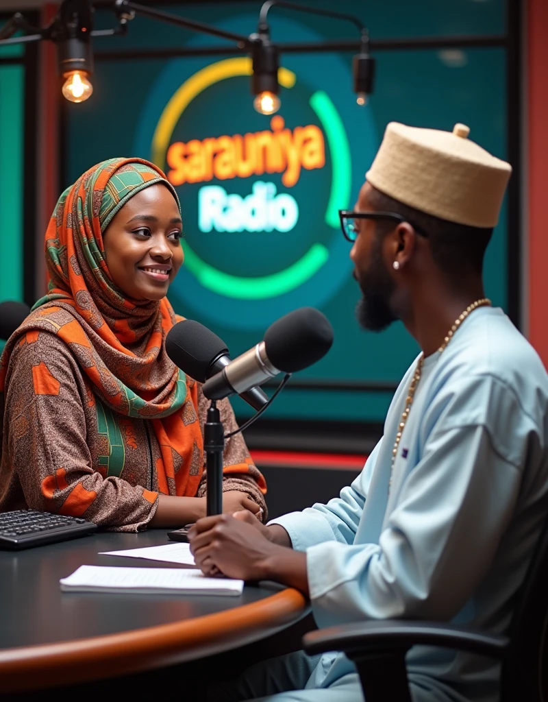 A female journalist Suwaiba Adamu Isah with hijab interviewing a young Hausa man Al-Asad Al-Amin in a radio station studio with Sarauniya Radio logo in the studio size of the image should be landscape