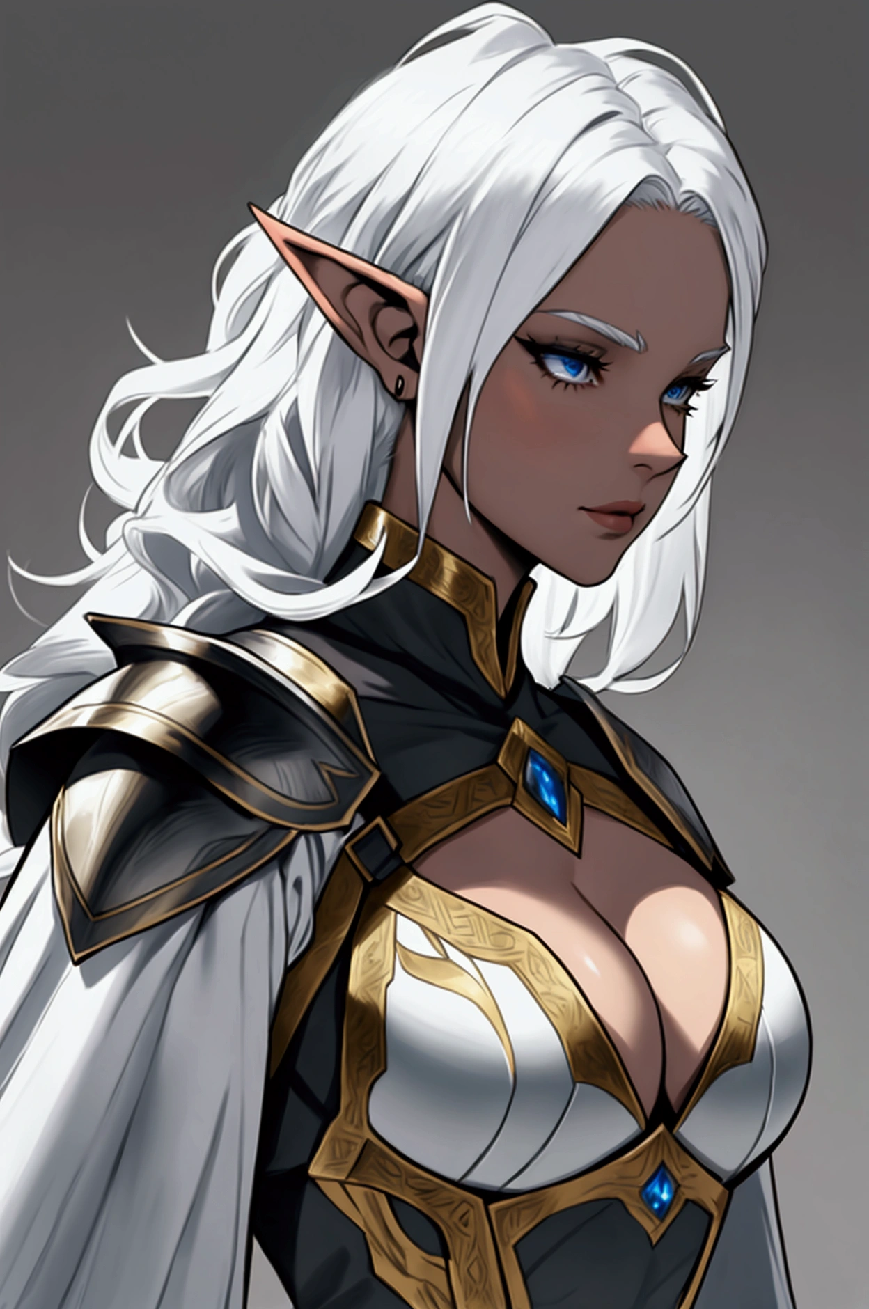 shadar kai elf, female, noble, robbed, white hair, white skin, warrior, black feathered armor