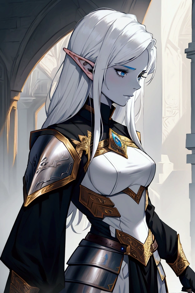 shadar kai elf, female, noble, robbed, white hair, white skin, warrior, black feathered armor