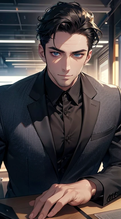 (best quality,4k,8k,highres,masterpiece:1.2),ultra-detailed,(realistic,photorealistic,photo-realistic:1.37),1 man,31 years old,mature man,very handsome,without expression,smile,short grey black hair,blue eyes,penetrating gaze,perfect face without errors,imposing posture,businessman,office background,cinematic lighting,hdr image