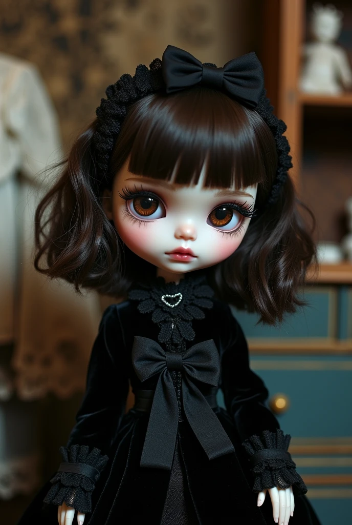 Create a blythe doll with pale skin, dark brown eyes, brown dark wavy hair with short bangs and shoulder length, large eyelashes and a sad expression on her face, with dark style clothes