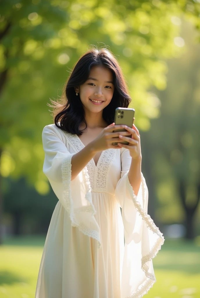16 year old girl, white dress
Black hair, selfie, feathered haircut