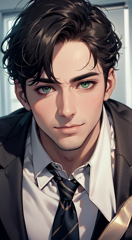 (Highest quality,4K,8K,High resolution,masterpiece:1.2),Super detailed,(Realistic,photoRealistic,photo-Realistic:1.37),1 person,34 years old,Mature Men,Beautiful skin、very handsome,Expressionless smile in love,Short gray Black hair,green eyes,Sharp Eyes,A perfect face without a doubt,Businessman, CEO, Office Background,Cinema Lighting,HDR image,tie、