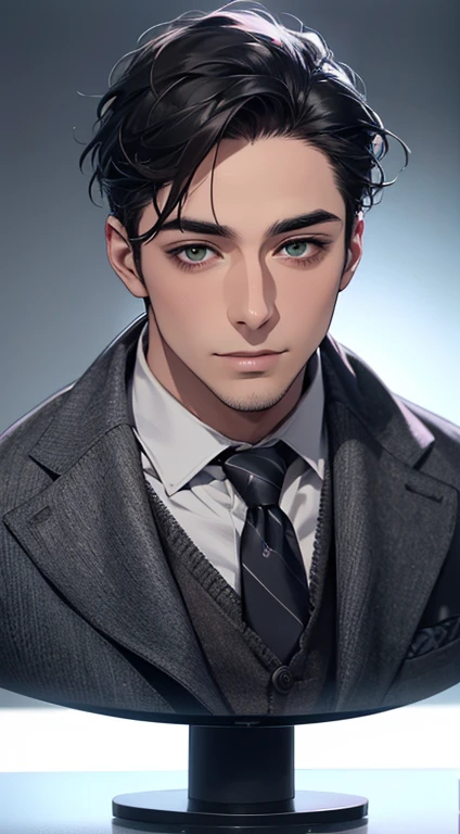 (Highest quality,4K,8K,High resolution,masterpiece:1.2),Super detailed,(Realistic,photoRealistic,photo-Realistic:1.37),1 person,34 years old,Mature Men,Beautiful skin、very handsome,Expressionless smile in love,Short gray Black hair,green eyes,Sharp Eyes,A perfect face without a doubt,Businessman, CEO, Office Background,Cinema Lighting,HDR image,tie、