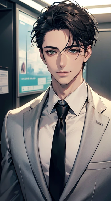 (Highest quality,4K,8K,High resolution,masterpiece:1.2),Super detailed,(Realistic,photoRealistic,photo-Realistic:1.37),1 person,34 years old,Mature Men,Beautiful skin、very handsome,Expressionless smile in love,Short gray Black hair,green eyes,Sharp Eyes,A perfect face without a doubt,Businessman, CEO, Office Background,Cinema Lighting,HDR image,tie、