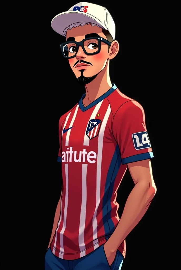 Make an animated football player with the Atlético de Madrid 24 jersey/25, young brazilian with white hair short haircut, Brazilian player, with a black background and with a goatee and mustache, with black glasses and white hat
