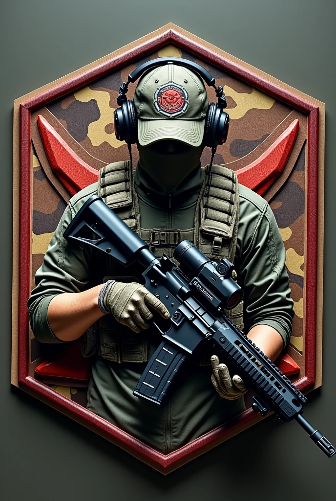 Hexagonal rubber patch , Airsoft crest , with the name Lukinha airsoft using m4 rifle weapon , camouflage background, Airsoft operator with cap and headphones