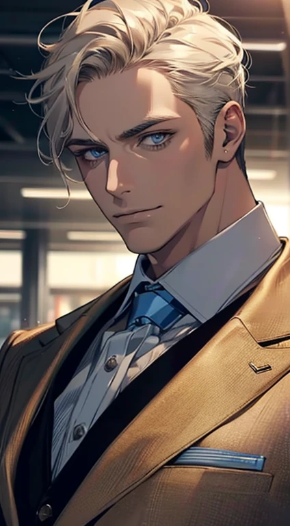 (best quality,4k,8k,highres,masterpiece:1.2),ultra-detailed,(realistic,photorealistic,photo-realistic:1.37),1 man,31 years old,mature man,very handsome,without expression,smile,short grey golden hair,blue eyes,penetrating gaze,perfect face without errors,imposing posture,businessman,office background,cinematic lighting,hdr image