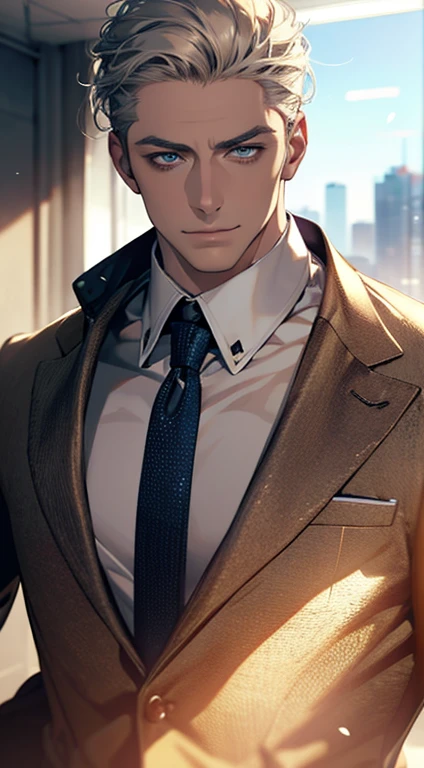 (best quality,4k,8k,highres,masterpiece:1.2),ultra-detailed,(realistic,photorealistic,photo-realistic:1.37),1 man,31 years old,mature man,very handsome,without expression,smile,short grey golden hair,blue eyes,penetrating gaze,perfect face without errors,imposing posture,businessman,office background,cinematic lighting,hdr image