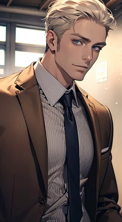 (best quality,4k,8k,highres,masterpiece:1.2),ultra-detailed,(realistic,photorealistic,photo-realistic:1.37),1 man,31 years old,mature man,very handsome,without expression,smile,short grey golden hair,blue eyes,penetrating gaze,perfect face without errors,imposing posture,businessman,office background,cinematic lighting,hdr image