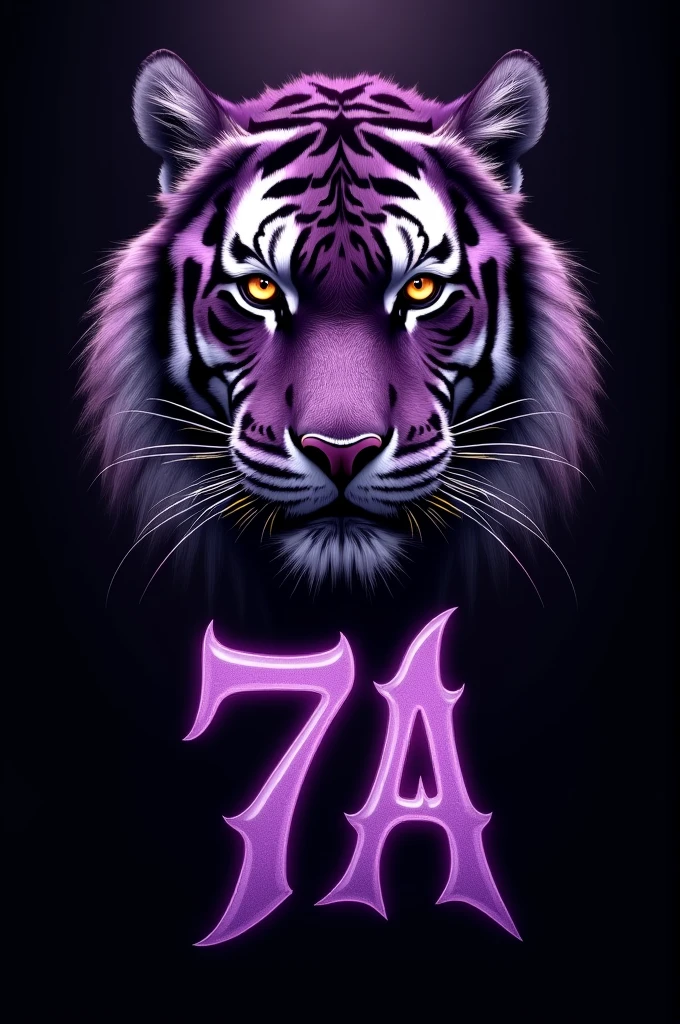 "Por favor, create an image of a purple tiger with a black background. And also add 7A below the image, And don't be 7a, Be 7A, with a capital A. make the tiger a little darker purple. i.e., a little more violet." Just with the tiger's face very realistic and with a 7 and an ae with a claw