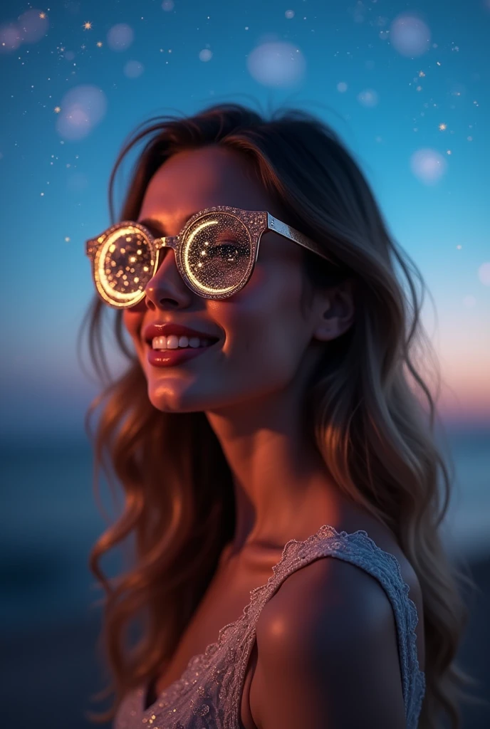 The model is wearing glass sunglasses with stars and the moon on the glass