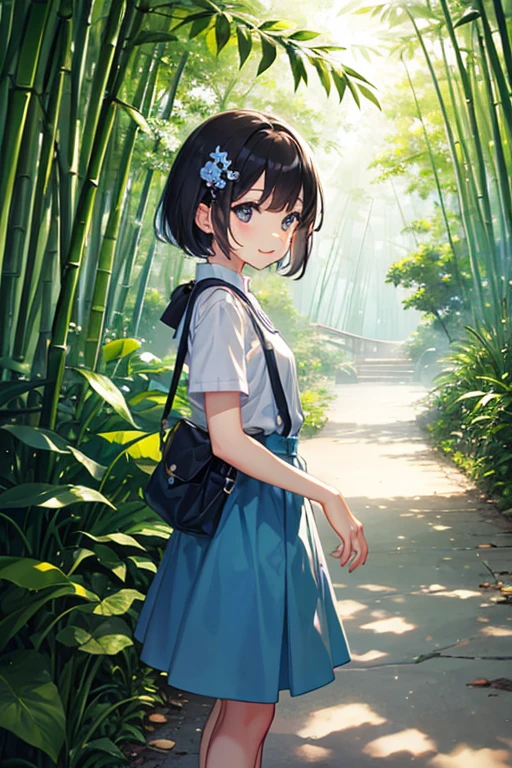 Highest quality、Black Hair、Iris、short hair、、cute、、、Small hair ornament、1 person、bamboo forest、stroll、A happy look、