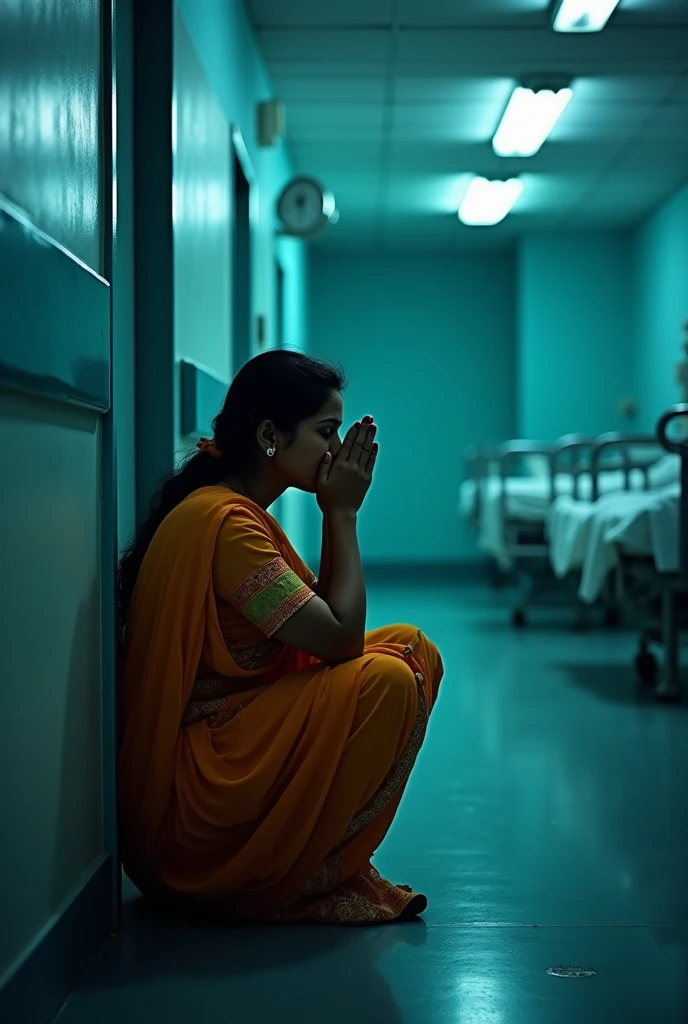 a sad and scared indian lady doctor hiding her face. in the hospital