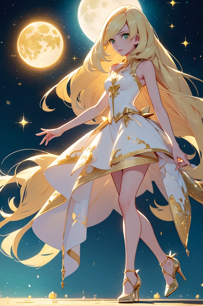 ((Highest quality)), ((masterpiece)), (Familiar), Lusamine、Ramping,thin,thin,Long blonde hair,Small breasts,Adult female,Green Eyes,Slanted Eyes,Sleeveless dress,White Dress,Gold embroidery,Long skirt,High heels,attractive、Face close-up,building,Moon and Sun、Long legs, Twinkle Star々,milky way,Bright sky,look at me,Look forward,Clear eyes and nose,cute,beautiful,Thin legs,