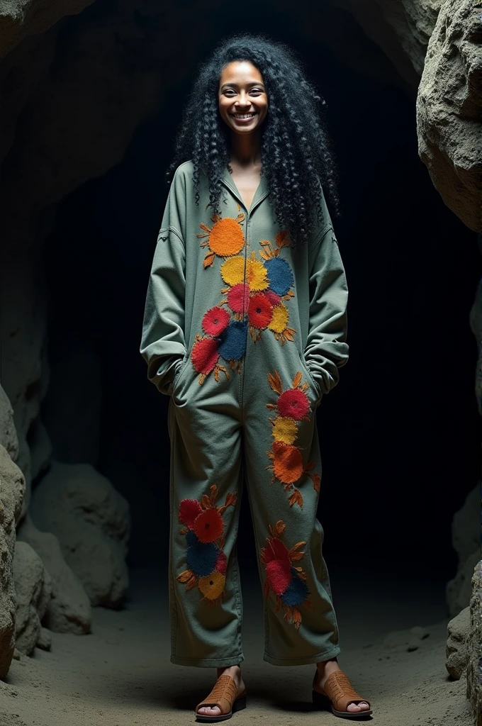 A tall woman with gray skin and long hair, curly in shades of dark gray. She is smiling and is wearing a big, long outfit with some random colored spots.. she's in a dark place, where your face is also semi-visible.