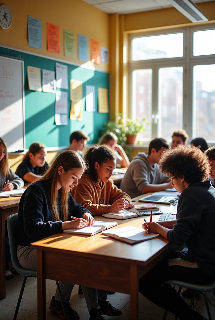 A classroom with teenagers studying 
