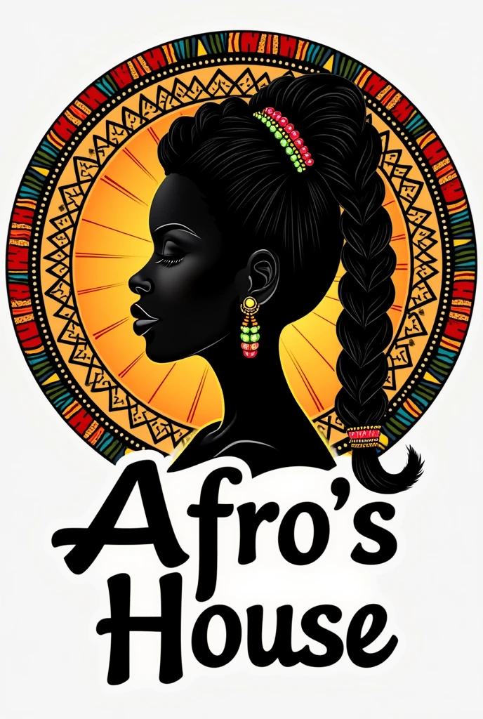 A written hair salon logo "afro's house" com vibe africana, with a woman wearing a nagô braid