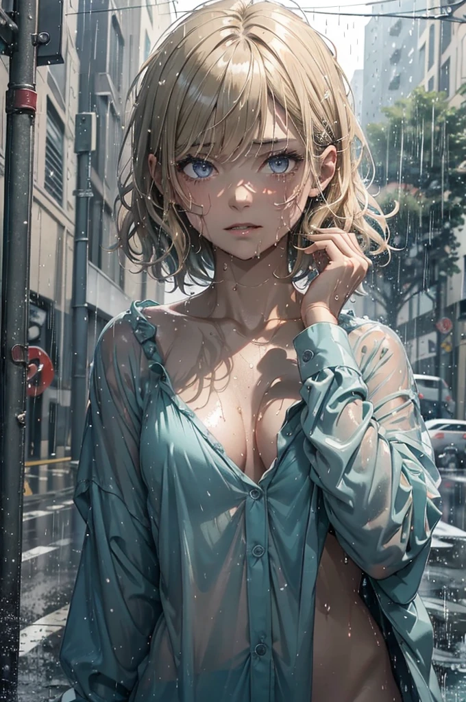 gorgeous purple eyes, Very short hair, Highly detailed, extreme detail, amazing art), Raning, heavy rain, dark, midnight, 1girl, soaking wet drenched, wearing nothing but a pyjama shirt, shirt caramel-blonde hair, depressed, soaking wet hair, hair sticking to her face, heavy rain, thunderstorm, teal pyjama top, naked, petit chest, very short hair, buttoned up pyjama top, bare legs, no underwear, very dark night time, black sky, only source of light is a single amber street light, no light, dark background, 