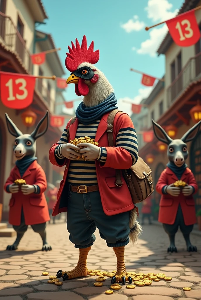 Rooster wearing a thief's uniform with a backpack full of money, and donkeys dressed in red holding red flags with number 13