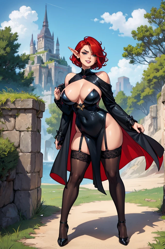 1girl, female mature elf, curvy body build, short red hair, blue eyes, black flowing gown, black stiletto high heels, black leather thigh high stockings, seductive smile, seductive pose, standing on grassy field, full pouty lips, front view, head tilted towards viewer