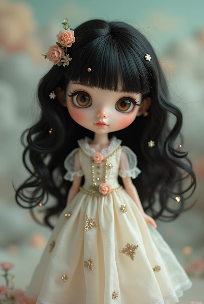 Create a blythe doll with pale skin, dark brown eyes, brown dark wavy hair with short bangs and shoulder length, large eyelashes and a sad expression on her face
