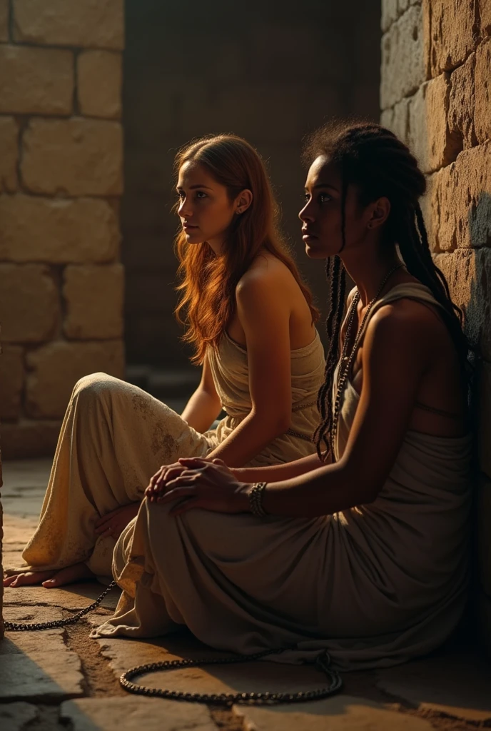 (photorealism:1.2), Two female prisoners in a cell, one Roman, one of them a little darker skinned in ancient Rome
