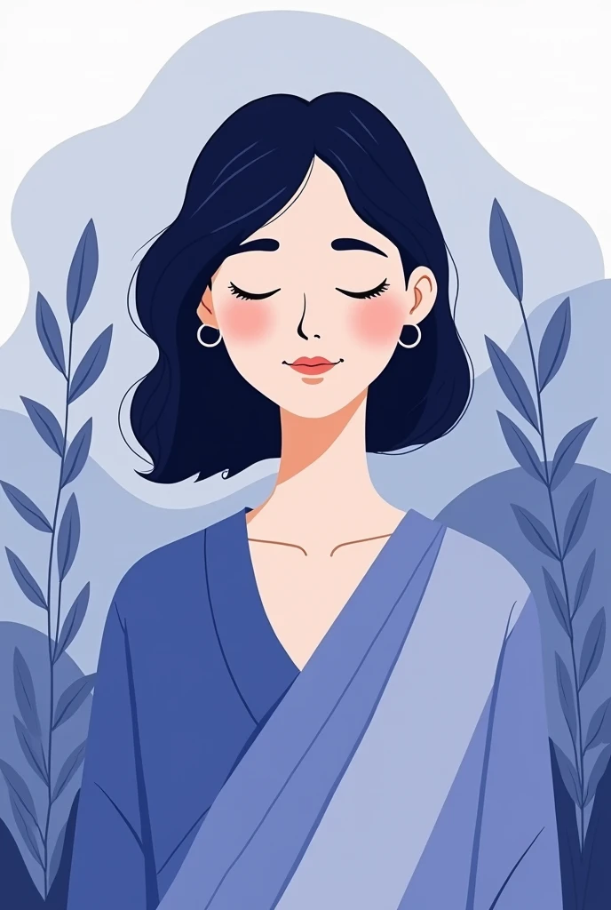 illustration portrait, de face, femme sophorologue, dessin très simple, non detaillé, applat de couleur, ton bleu violet, nature