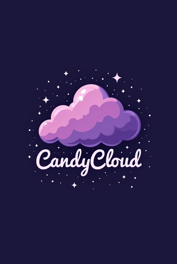 Single purple cloud logo, the cloud that only has the outer contour, cloud centered, with starry sky, Below the cloud is the name of the logo, which is CandyCloud., They have it written in cursive, a soft, flowing font. (One of the first ones you created for me) the background a little dark