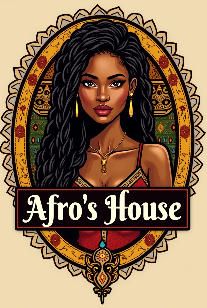 A written hair salon logo "afro's house" com vibe africana, with a woman wearing a nagô braid