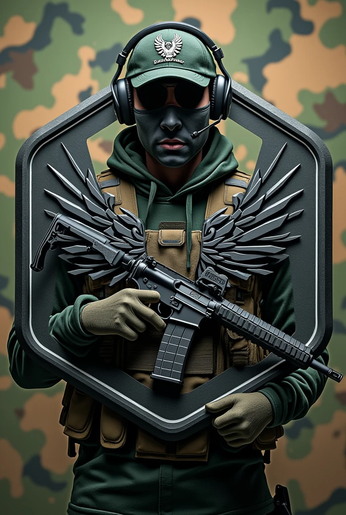 Hexagonal rubber patch , Airsoft crest , with the name Lukinha airsoft using m4 rifle weapon , camouflage background, Airsoft operator with cap and headphones