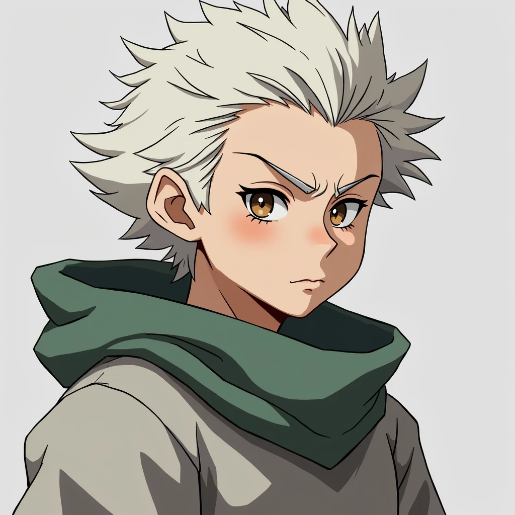 Halfling man, white hair, hazel eyes, pale, character portrait, serious, anime style, anime