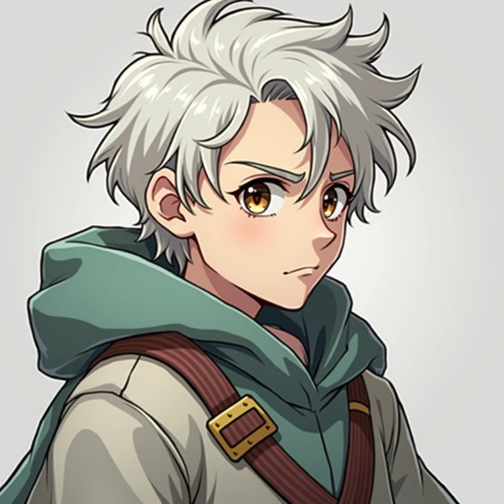 Halfling man, white hair, hazel eyes, pale, character portrait, serious, anime style, anime