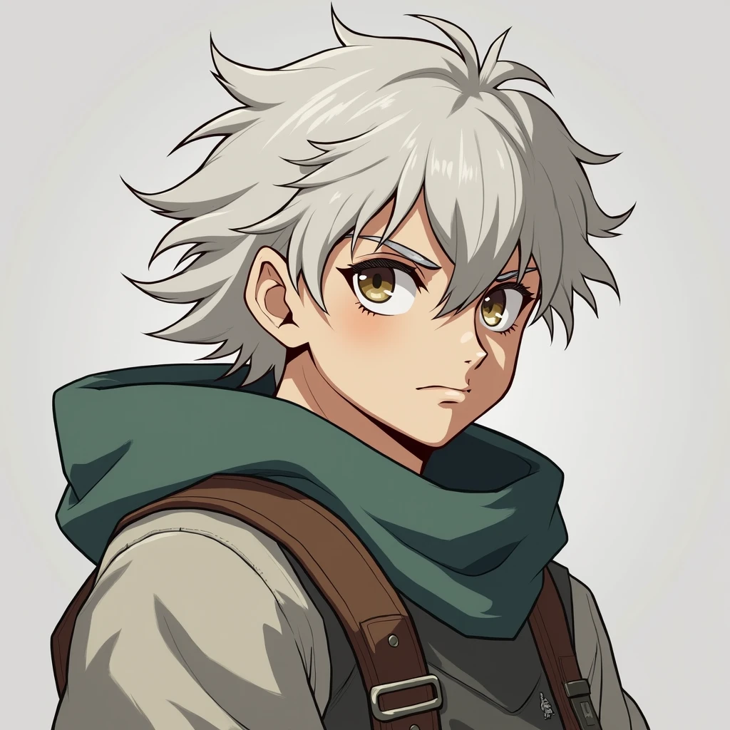 Halfling man, white hair, hazel eyes, pale, character portrait, serious, anime style, anime