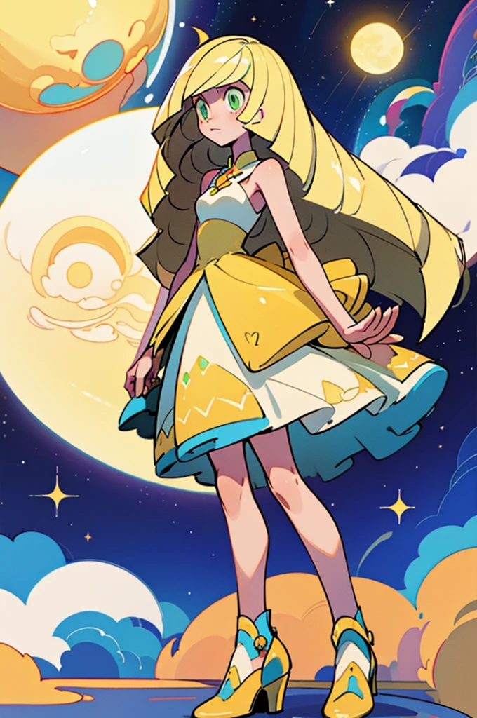 ((Highest quality)), ((masterpiece)), (Familiar),Lusamine、 Ramping,thin,thin,Long blonde hair,Small breasts,Adult female,Green Eyes,Slanted Eyes,Sleeveless dress,White Dress,Gold embroidery,Long skirt,High heels,attractive、Face close-up,building,Moon and Sun、Long legs, Twinkle Star々,milky way,Bright sky,look at me,Look forward,Clear eyes and nose,cute,beautiful,Thin legs,