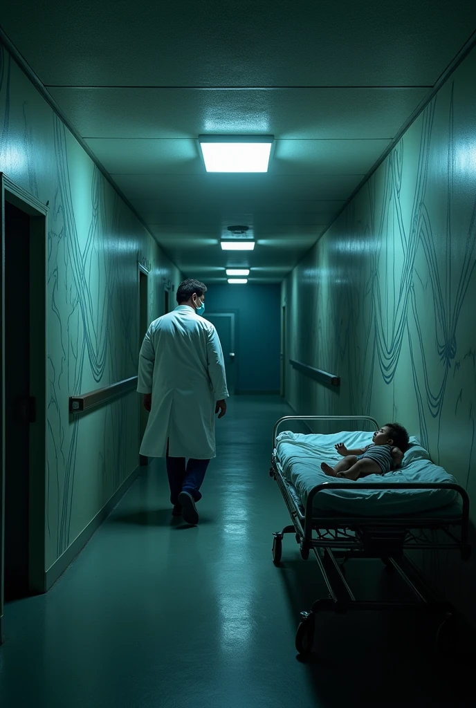Dark hospital with surreal patterns, with only 1 doctor in the hallway and a child lying on a stretcher in the hallway