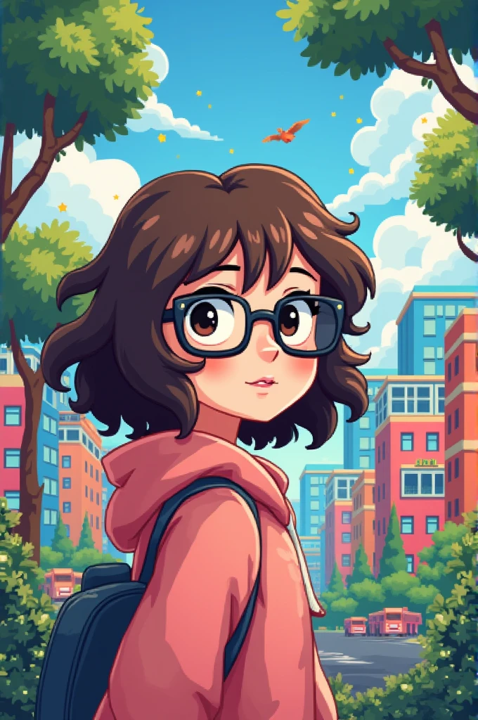 A girl with brown hair and black glasses in pixel art style