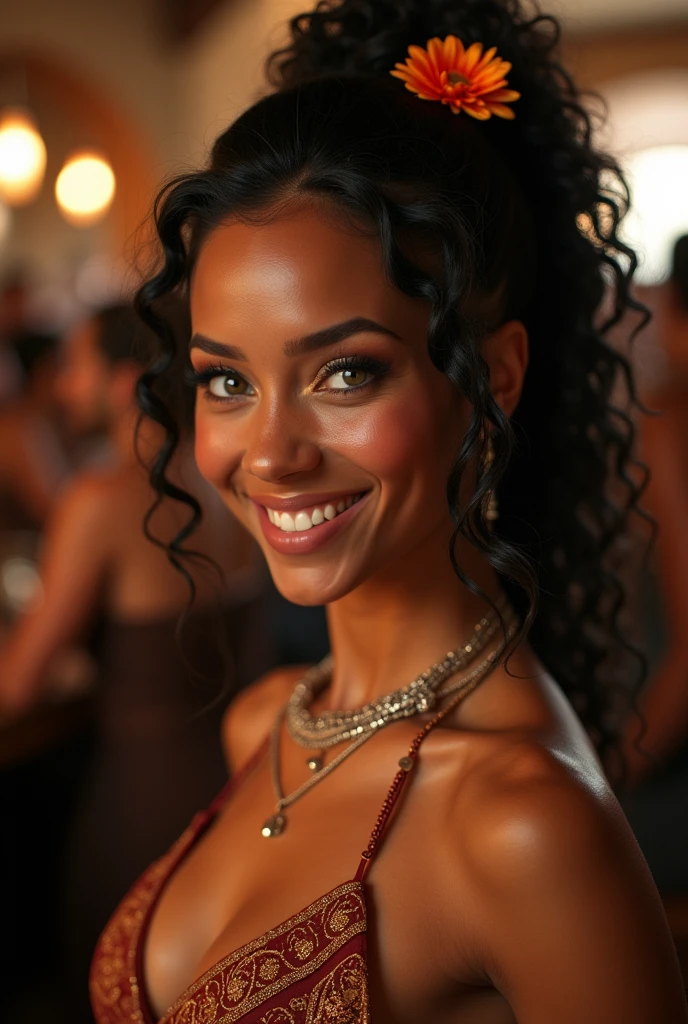 (photo of female citizen:1.3)  1girl, solo, biracial, yellow, looks like brittany renner,  green eyes, very big breasts, looking at viewer, smile, hair ornament, cleavage, halter top dress, bare shoulders, jewelry, collarbone, upper body, curly black hair in a ponytail, flower, teeth, solo focus, hair flower, necklace, blurry, strapless,  depth of field, blurry background, (realistic:1.3) crowd, (in a medieval tavern:1.1), 8k, cinematic, fantasy, cleavage