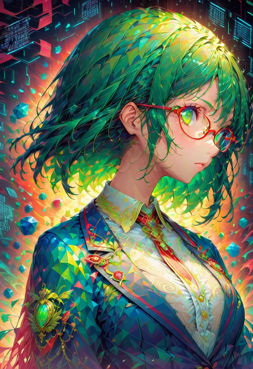masterpiece, (beautifully、aesthetic:1.5), Surrealism, Very detailed, anime, A profile picture of a girl, wear White blouse with formal collar, Blue Blazer, Red Check Skirt, Her hair was adorned with beautiful ornaments, Short Hair, Straight Hair, Green Eyes, ((Glasses)), Red and navy blue color palette, Hard brush, Binary Code Effect, Minimalist low poly collage illustration, Painting effect, Dark ink, Featured on pixiv, saturated color, Hypercube, Pixel Sorting, A magnificent composition, Epic proportions, Dynamic Lighting, High resolution