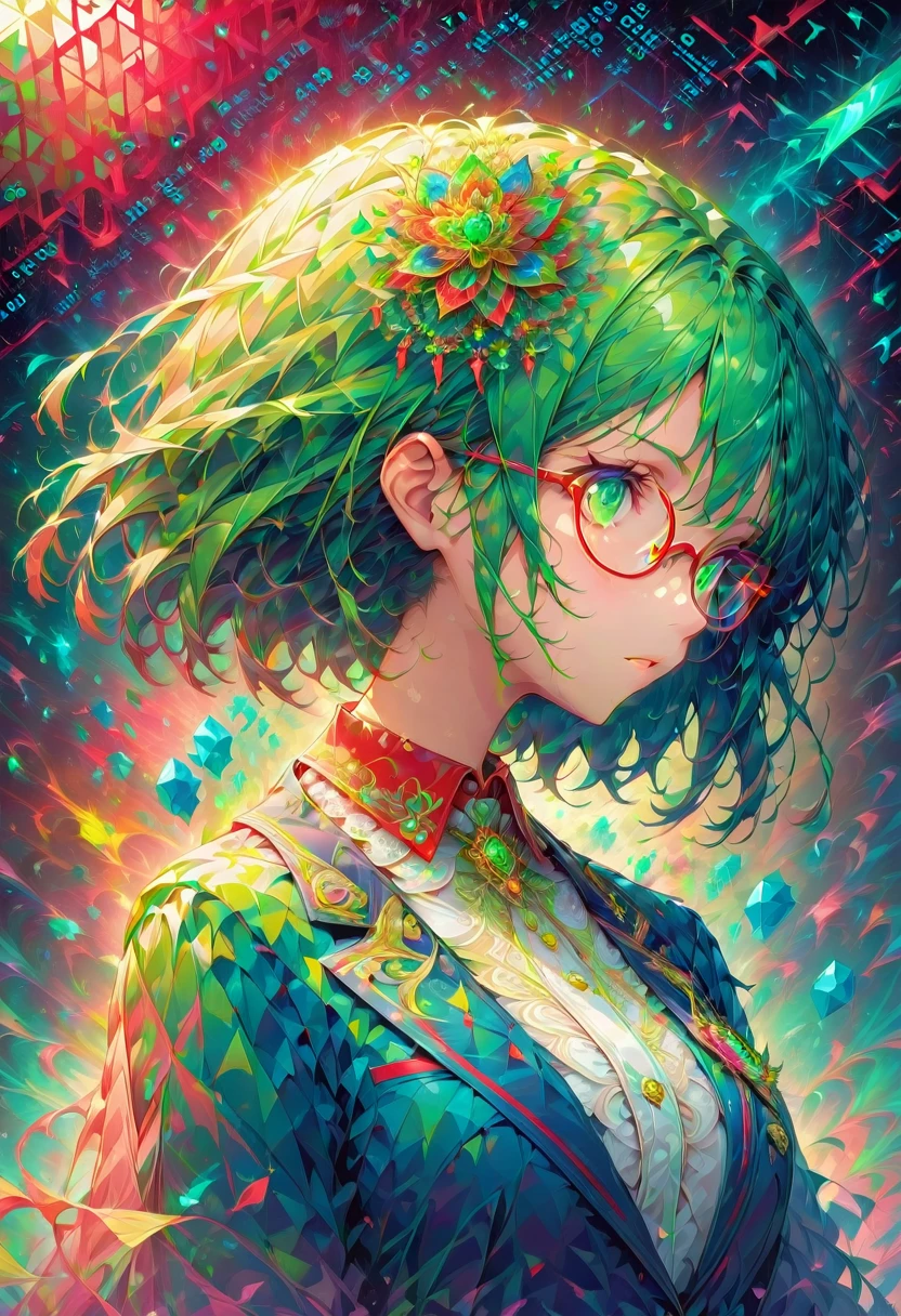 masterpiece, (beautifully、aesthetic:1.5), Surrealism, Very detailed, anime, A profile picture of a girl, wear White blouse with formal collar, Blue Blazer, Red Check Skirt, Her hair was adorned with beautiful ornaments, Short Hair, Straight Hair, Green Eyes, ((Glasses)), Red and navy blue color palette, Hard brush, Binary Code Effect, Minimalist low poly collage illustration, Painting effect, Dark ink, Featured on pixiv, saturated color, Hypercube, Pixel Sorting, A magnificent composition, Epic proportions, Dynamic Lighting, High resolution