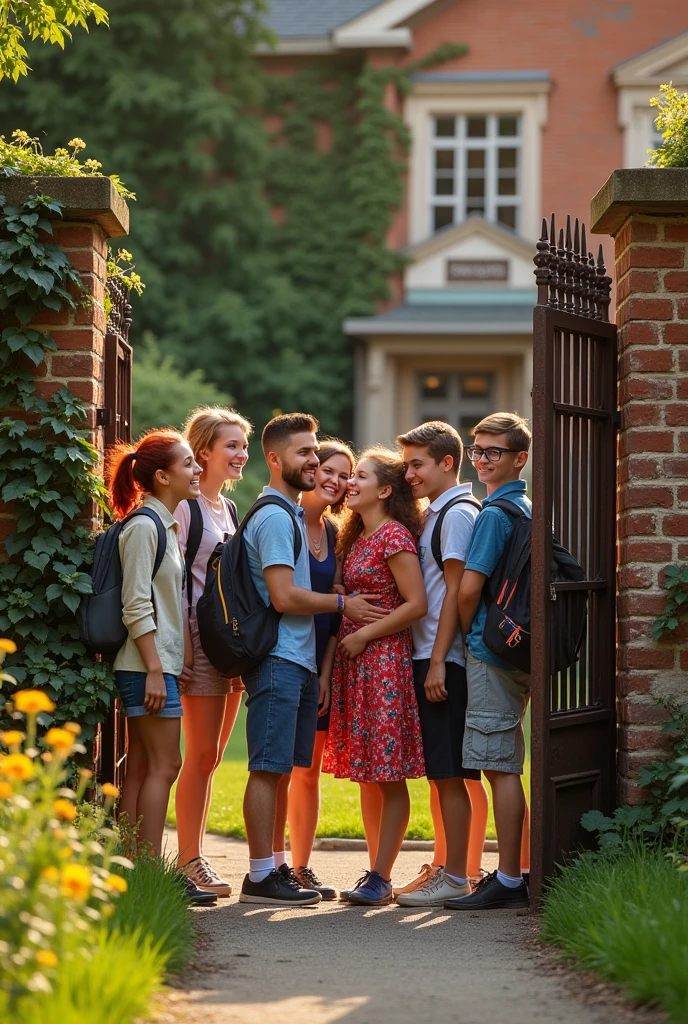 A group of students saying goodbye on the last day of school with an old gate in an old school and cute students