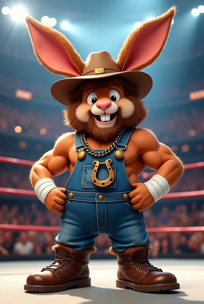 Cartoon jack Rabbit dressed like WWE wrestler Hillbilly Jim. Jack rabbit head, jack rabbit arms, jack rabbit hands, and white wrist tape. Brown frizzly hair, brown frizzly beard. Wearing no shirt, denim overalls, floppy hillbilly hat, thick chain with a horseshoe attracted around neck,, and brown wrestling boots.