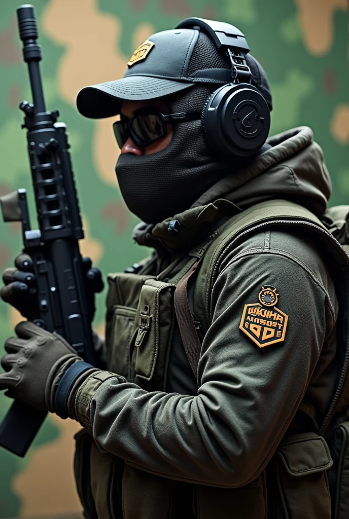 Hexagonal rubber patch , Airsoft crest , with the name Lukinha airsoft using m4 rifle weapon , camouflage background, Airsoft operator with cap and headphones